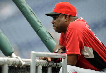 PHILADELPHIA - JUNE 5: Dusty Baker #12 of the Cincinnati Reds watches batting practice before a game against the Philadelphia Phillies on June 5, 2008 at Citizens Bank Park in Philadelphia, Pennsylvania. (Photo by Jeff Zelevansky/Getty Images)
