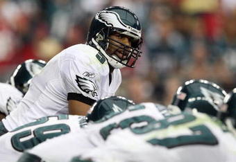 GLENDALE, AZ - JANUARY 18:  Quarterback Donovan McNabb #5 of the Philadelphia Eagles looks down the line during the NFC championship game against the Arizona Cardinals on January 18, 2009 at University of Phoenix Stadium in Glendale, Arizona.  (Photo by Jed Jacobsohn/Getty Images)