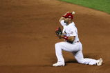 ST. LOUIS, MO - JULY 14:  National League All-Star Albert Pujols of the St. Louis Cardinals tosses the ball to first during the 2009 MLB All-Star Game at Busch Stadium on July 14, 2009 in St Louis, Missouri. (Photo by Elsa/Getty Images)