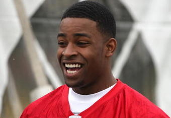 SANTA CLARA, CA - MAY 01:  Michael Crabtree #15 of the San Francisco 49ers looks on at practice during the 49ers Minicamp at their training facilities on May 1, 2009 in Santa Clara, California. Crabtree was the 49ers first round draft pick.  (Photo by Jed Jacobsohn/Getty Images)