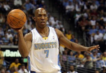 DENVER - MAY 29:  Chauncey Billups #7 of the Denver Nuggets passes the ball in Game Six of the Western Conference Finals during the 2009 NBA Playoffs against the Los Angeles Lakers at Pepsi Center on May 29, 2009 in Denver, Colorado. NOTE TO USER: User expressly acknowledges and agrees that, by downloading and or using this photograph, User is consenting to the terms and conditions of the Getty Images License Agreement.  (Photo by Jed Jacobsohn/Getty Images)