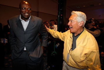TAMPA, FL - JANUARY 31:  Bruce Smith (L) is congratulated by his former head coach with the Buffalo Bills Marv Levy (R) during the The Pro Football Hall of Fame Class of 2009 press conference at the Tampa Convention Center on January 31, 2009 in Tampa, Florida.  (Photo by Streeter Lecka/Getty Images)