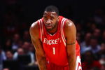 NEW YORK - JANUARY 26:  Tracy McGrady #1 of the Houston Rockets looks on against the New York Knicks on January 26, 2009 at Madison Square Garden in New York City.  NOTE TO USER: User expressly acknowledges and agrees that, by downloading and/or using this Photograph, User is consenting to the terms and conditions of the Getty Images License Agreement.  (Photo by Chris McGrath/Getty Images)