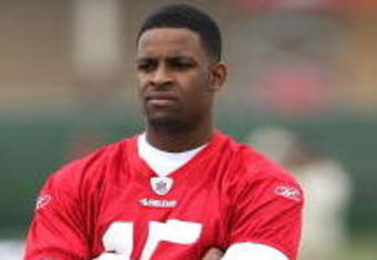 SANTA CLARA, CA - MAY 01:  Michael Crabtree #15 of the San Francisco 49ers looks on at practice during the 49ers Minicamp at their training facilities on May 1, 2009 in Santa Clara, California. Crabtree was the 49ers first round draft pick.  (Photo by Jed Jacobsohn/Getty Images)