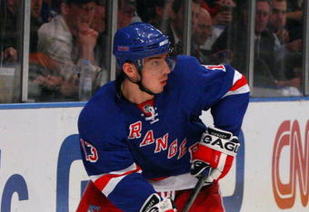 NEW YORK - APRIL 22:  Nikolai Zherdev #13 of the New York Rangers skates against the Washington Capitals during Game Four of the Eastern Conference Quarterfinal Round of the 2009 NHL Stanley Cup Playoffs on April 22, 2008 at Madison Square Garden in New York City.  (Photo by Jim McIsaac/Getty Images)