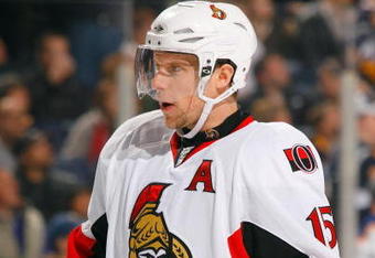 BUFFALO, NY - JANUARY:  Dany Heatley #15 of the Ottawa Senators looks on during a break in their NHL game against the Buffalo Sabres on January 6, 2009 at HSBC Arena in Buffalo, New York. The Sabres defeated the Senators 4-2. (Photo by Rick Stewart/Getty Images)