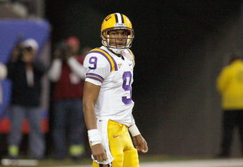 ATLANTA - DECEMBER 31:   Quarterback Jordan Jefferson #9 of the LSU Tigers looks to the sidelines during the Chick-fil-A Bowl against the Georgia Tech Yellow Jackets on December 31, 2008 at the Georgia Dome in Atlanta, Georgia. (Photo by Kevin C. Cox/Getty Images)