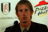 2 Aug 2001:  Edwin Van de Sar fields questions from the media at a  press conference at Fulham's training ground in London, whre he was unveiled as Fulham latest signing for the forthcoming season. Mandatory Credit: Tom Shaw/ALLSPORT