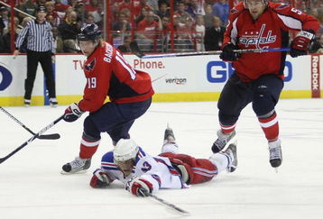 WASHINGTON - APRIL 18: Nikolai Zherdev #13 of the New York Rangers skates against Nicklas Backstrom #19 (L) and Mike Green #52 (R) of the Washington Capitals during Game Two of the Eastern Conference Quarterfinal Round of the 2009 NHL Stanley Cup Playoffs at Verizon Center on April 18, 2009 in Washington, DC. (Photo by Bruce Bennett/Getty Images)