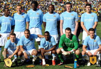 PRETORIA, SOUTH AFRICA - JULY 25:  Manchester City players line up during the final of the 2009 Vodacom Challenge match between Kaizer Chiefs and Manchester City at Loftus Versfeld Stadium on July 25, 2009 in Pretoria, South Africa. (Photo by Lefty Shivambu/Gallo Images/Getty Images)