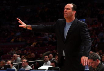 NEW YORK - MARCH 11:  Head Coach Mike Brey of the Notre Dame Fighting Irish reacts on the sideline during a game against the West Virginia Mountaineers during the second round of the Big East Tournament at Madison Square Garden on March 11, 2009 in New York City.  (Photo by Jim McIsaac/Getty Images)
