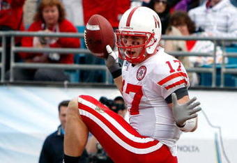 JACKSONVILLE, FL - JANUARY 1:  Todd Peterson #17 of the Nebraska Cornhuskers celebrates a touchdown reception during the Konica Minolta Gator Bowl against the Clemson Tigers at Jacksonville Municipal Stadium January 1, 2009 in Jacksonville, Florida.  (Photo by Sam Greenwood/Getty Images)