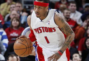 CLEVELAND - FEBRUARY 22:  Allen Iverson #1 of the Detroit Pistons brings the ball up court against the Cleveland Cavaliers on February 22, 2009 at the Quicken Loans Arena in Cleveland, Ohio. Cleveland won the game 99-78. NOTE TO USER: User expressly acknowledges and agrees that, by downloading and or using this photograph, User is consenting to the terms and conditions of the Getty Images License Agreement.  (Photo by Gregory Shamus/Getty Images)