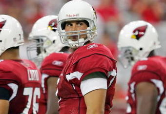 GLENDALE, AZ - AUGUST 7:  Matt Leinart #7 of the Arizona Cardinals looks on during the game against the New Orleans Saints during a pre-season game at University of Phoenix Stadium August 7, 2008 in Glendale, Arizona.  (Photo by Lisa Blumenfeld/Getty Images)