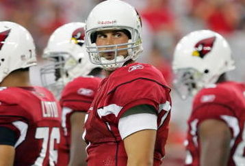 GLENDALE, AZ - AUGUST 7:  Matt Leinart #7 of the Arizona Cardinals looks on during the game against the New Orleans Saints during a pre-season game at University of Phoenix Stadium August 7, 2008 in Glendale, Arizona.  (Photo by Lisa Blumenfeld/Getty Images)