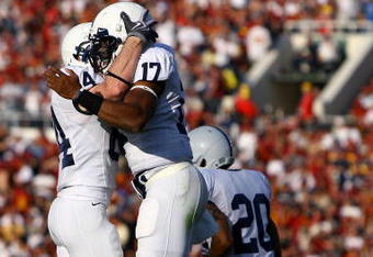 PASADENA, CA - JANUARY 01:  Quarterback Daryll Clark #17 and Patrick Mauti #84 of the Penn State Nittany Lions celebrate a touchdown against the USC Trojans during the 95th Rose Bowl Game presented by Citi on January 1, 2009 at the Rose Bowl in Pasadena, California.  (Photo by Jeff Gross/Getty Images)
