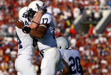 PASADENA, CA - JANUARY 01:  Quarterback Daryll Clark #17 and Patrick Mauti #84 of the Penn State Nittany Lions celebrate a touchdown against the USC Trojans during the 95th Rose Bowl Game presented by Citi on January 1, 2009 at the Rose Bowl in Pasadena, California.  (Photo by Jeff Gross/Getty Images)