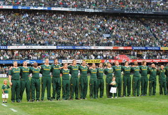 DURBAN, SOUTH AFRICA - AUGUST 01:  Springboks players sing the South African national anthem prior to the start of Tri Nations match between South Africa and the New Zealand All Blacks at the Absa Stadium on August 1, 2009 in Durban, South Africa.  (Photo by Lee Warren/Gallo Images/Getty Images)