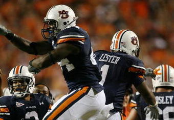 AUBURN, AL - SEPTEMBER 20:  Running back Danny McCray #44 of the Auburn Tigers celebrates with running back Brad Lester #1 after McCray scored a touchdown while taking on the LSU Tigers at Jordan-Hare Stadium on September 20, 2008 in Auburn, Alabama. LSU defeated Auburn 26-21.  (Photo by Doug Benc/Getty Images)