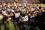 NASHVILLE, TN - SEPTEMBER 15:  Members of the Vanderbilt Commodores celebrate after defeating the Ole Miss Rebels 31-17 on September 15, 2007 at Vanderbilt Stadium in Nashville, Tennessee.  (Photo by Chris Graythen/Getty Images)