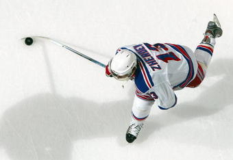 UNIONDALE, NY - MARCH 05:  Nikolai Zherdev #13 of the New York Rangers warms up before playing against the New York Islanders on March 5, 2009 at Nassau Coliseum in Uniondale, New York.  (Photo by Jim McIsaac/Getty Images)
