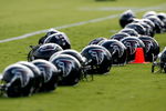 FLOWERY BRANCH, GA - AUGUST 01:  Atlanta Falcons' helmets sit on field during opening day of training camp on August 1, 2009 at the Falcons Training Complex in Flowery Branch, Georgia.  (Photo by Kevin C. Cox/Getty Images)