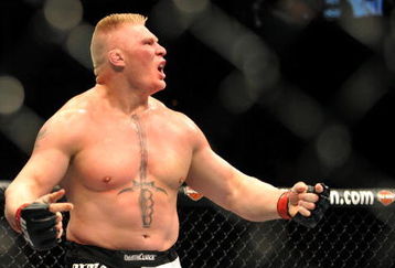 LAS VEGAS - JULY 11:  Brock Lesnar reacts after knocking out Frank Mir during their heavyweight title bout during UFC 100 on July 11, 2009 in Las Vegas, Nevada.  (Photo by Jon Kopaloff/Getty Images)