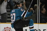 SAN JOSE, CA - APRIL 22:  Jeremy Roenick #27 of the San Jose Sharks celebrates scoring a goalvagainst the Calgary Flames in the second period during game seven of the 2008 NHL conference quarter-final series on April 22, 2008 at HP Pavilion at San Jose in San Jose, California.  (Photo by Jed Jacobsohn/Getty Images)