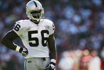 SAN FRANCISCO - OCTOBER 08:  Derrick Burgess #56 the Oakland Raiders looks on during the NFL game against the San Francisco 49ers at Monster Park on October 8, 2006 in San Francisco, California.  (Photo by Jed Jacobsohn/Getty Images)
