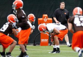 BEREA, OH - MAY 02:  Head coach Eric Mangini of the Cleveland Browns looks on  during rookie mini camp at the Cleveland Browns Training and Administrative Complex on May 2, 2009 in Berea, Ohio.  (Photo by Gregory Shamus/Getty Images)