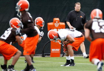 BEREA, OH - MAY 02:  Head coach Eric Mangini of the Cleveland Browns looks on  during rookie mini camp at the Cleveland Browns Training and Administrative Complex on May 2, 2009 in Berea, Ohio.  (Photo by Gregory Shamus/Getty Images)