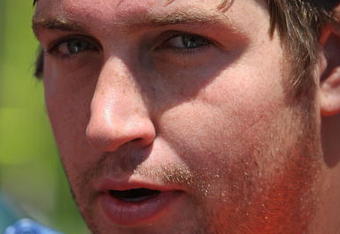 LAKE FOREST, IL - MAY 20: Jay Cutler #6 of the Chicago Bears meets with members of the media following an organized team activity (OTA) practice on May 20, 2009 at Halas Hall in Lake Forest, Illinois.  (Photo by Jonathan Daniel/Getty Images)