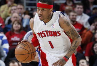 CLEVELAND - FEBRUARY 22:  Allen Iverson #1 of the Detroit Pistons brings the ball up court against the Cleveland Cavaliers on February 22, 2009 at the Quicken Loans Arena in Cleveland, Ohio. Cleveland won the game 99-78. NOTE TO USER: User expressly acknowledges and agrees that, by downloading and or using this photograph, User is consenting to the terms and conditions of the Getty Images License Agreement.  (Photo by Gregory Shamus/Getty Images)
