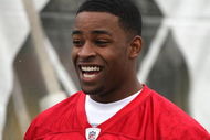 SANTA CLARA, CA - MAY 01:  Michael Crabtree #15 of the San Francisco 49ers looks on at practice during the 49ers Minicamp at their training facilities on May 1, 2009 in Santa Clara, California. Crabtree was the 49ers first round draft pick.  (Photo by Jed Jacobsohn/Getty Images)