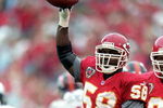 19 Sep 1999: Derrick Thomas #58 of the Kansas City Chiefs celebrates the recovered fumble during the game against the Denver Broncos at the Arrowhead Stadium in Kansas City, Missouri. The Chiefs defeated the Broncos 26-10. Mandatory Credit: Elsa Hasch  /Allsport