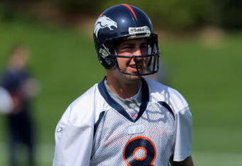 ENGLEWOOD, CO - MAY 03:  Quarterback Kyle Orton #8 particiaptes in practice during Denver Broncos Minicamp at the Broncos training facility on May 3, 2009 in Englewood, Colorado.  (Photo by Doug Pensinger/Getty Images)