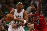 BOSTON - MAY 02:  Paul Pierce #34 of the Boston Celtics looks to pass as John Salmons #15 of the Chicago Bulls defends in Game Seven of the Eastern Conference Quarterfinals during the 2009 NBA Playoffs at TD Banknorth Garden on May 2, 2009 in Boston, Massachusetts. The Celtics defeated the Bulls 109-99. NOTE TO USER: User expressly acknowledges and agrees that, by downloading and or using this photograph, User is consenting to the terms and conditions of the Getty Images License Agreement.  (Photo by Elsa/Getty Images)