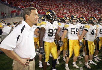 MADISON, WI - SEPTEMBER 22: Head coach Kirk Ferentz  of the Iowa Hawkeyes gets ready to lead his team onto the field before the game against the Wisconsin Badgers at Camp Randall Stadium September 22, 2007 in Madison, Wisconsin. (Photo by Jonathan Daniel/Getty Images)