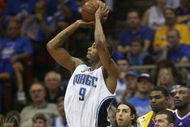ORLANDO, FL - JUNE 14: Rashard Lewis #9 of the Orlando Magic takes a jump shot against the Los Angeles Lakers in Game Five of the 2009 NBA Finals on June 14, 2009 at Amway Arena in Orlando, Florida. The Lakers won 99-86. NOTE TO USER: User expressly acknowledges and agrees that, by downloading and or using this photograph, User is consenting to the terms and conditions of the Getty Images License Agreement. (Photo by Elsa/Getty Images)
