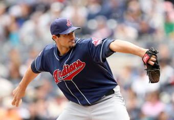 NEW YORK - APRIL 19:  Carl Pavano #44 of the Cleveland Indians pitches against the New York Yankees at Yankee Stadium on April 19, 2009 in the Bronx borough of New York City.  (Photo by Ezra Shaw/Getty Images)