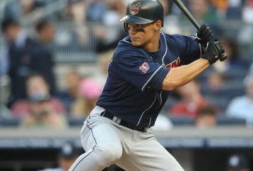 NEW YORK - APRIL 18:  Grady Sizemore #24 of the Cleveland Indians at bat against the New York Yankees at Yankee Stadium on April 18, 2009 in the Bronx borough of New York City.  (Photo by Nick Laham/Getty Images)