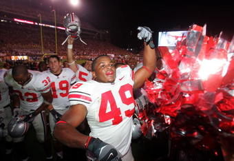 AUSTIN, TX - SEPTEMBER 09:  Fullback Dionte Johnson #49 of the Ohio State Buckeyes celebrates a 24-7 win against the Texas Longhorns on September 9, 2006 at Texas Memorial Stadium in Austin, Texas.  (Photo by Ronald Martinez/Getty Images)