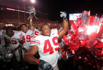 AUSTIN, TX - SEPTEMBER 09:  Fullback Dionte Johnson #49 of the Ohio State Buckeyes celebrates a 24-7 win against the Texas Longhorns on September 9, 2006 at Texas Memorial Stadium in Austin, Texas.  (Photo by Ronald Martinez/Getty Images)