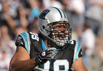 CHARLOTTE - OCTOBER 26:  Maake Kemoeatu #99 of the Carolina Panthers celebrates on the field during the game against of the Arizona Cardinals at Bank of America Stadium on October 26, 2008 in Charlotte, North Carolina. (Photo by: Streeter Lecka/Getty Images)