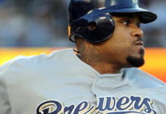 LOS ANGELES, CA - AUGUST 5:  Prince Fielder #28 of the Milwaukee Brewers grounds out against the Los Angeles Dodgers during the first inning at Dodger Stadium August 5, 2009 in Los Angeles, California.  (Photo by Harry How/Getty Images)