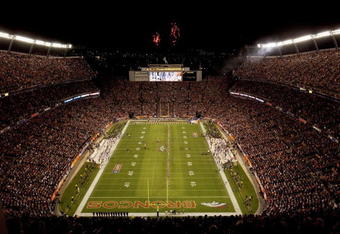 DENVER - JANUARY 14:  Fireworks go off before the AFC Divisional Playoff game between the New England Patriots and the Denver Broncos on January 14, 2006 at Invesco Field at Mile High in Denver, Colorado.  (Photo by Michael Heiman/Getty Images)