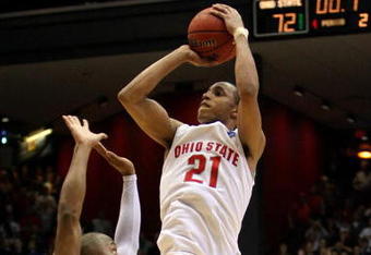 DAYTON, OH - MARCH 20: Evan Turner#21 of the Ohio State Buckeyes shoots over Kenny Hasbrouck #41 of the Siena Saints during the first round of the NCAA Division I Men's Basketball Tournament at the University of Dayton Arena on March 20, 2009 in Dayton, Ohio.  (Photo by Andy Lyons/Getty Images)