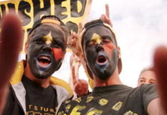 22 Jan 1996:  Pittsburgh Steelers fans Bryan Jarvis and Sean Kincaid of Indiana show their support while they wait for the arrival of the Steeler players at Phoenix Sky Harbor Airport in Phoenix, Arizona.  The Steelers were arriving for their January 28 g