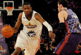 PHOENIX - FEBRUARY 13:  Kevin Durant #35 of the Sophomore team drives to the basket against Rudy Fernandez #5 of the Rookie team during the T-Mobile Rookie Challenge & Youth Jam part of 2009 NBA All-Star Weekend at US Airways Center on February 13, 2009 in Phoenix, Arizona.  NOTE TO USER: User expressly acknowledges and agrees that, by downloading and or using this photograph, User is consenting to the terms and conditions of the Getty Images License Agreement.  (Photo by Ronald Martinez/Getty Images)