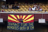 TEMPE, AZ - DECEMBER 24: A banner hangs to commemorate the lack of success the Arizona Cardinals had in their 18 years at Sun Devil Stadium during their game against the Philadelphia Eagles on December 24, 2005 in Tempe, Arizona. The Cardinals won the game 27-21 and will move into their new stadium in Glendale for the 2006 season. (Photo by Stephen Dunn/Getty Images)